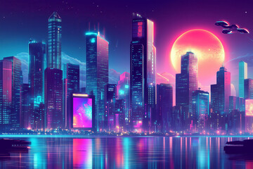 Obraz premium Futuristic cityscape at night, filled with neon lights, towering skyscrapers with holographic billboards, advanced flying vehicles, and a sleek, high-tech atmosphere, in a cyberpunk style