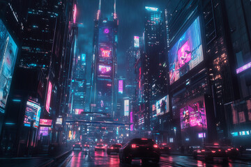 Obraz premium Futuristic cityscape at night, filled with neon lights, towering skyscrapers with holographic billboards, advanced flying vehicles, and a sleek, high-tech atmosphere, in a cyberpunk style