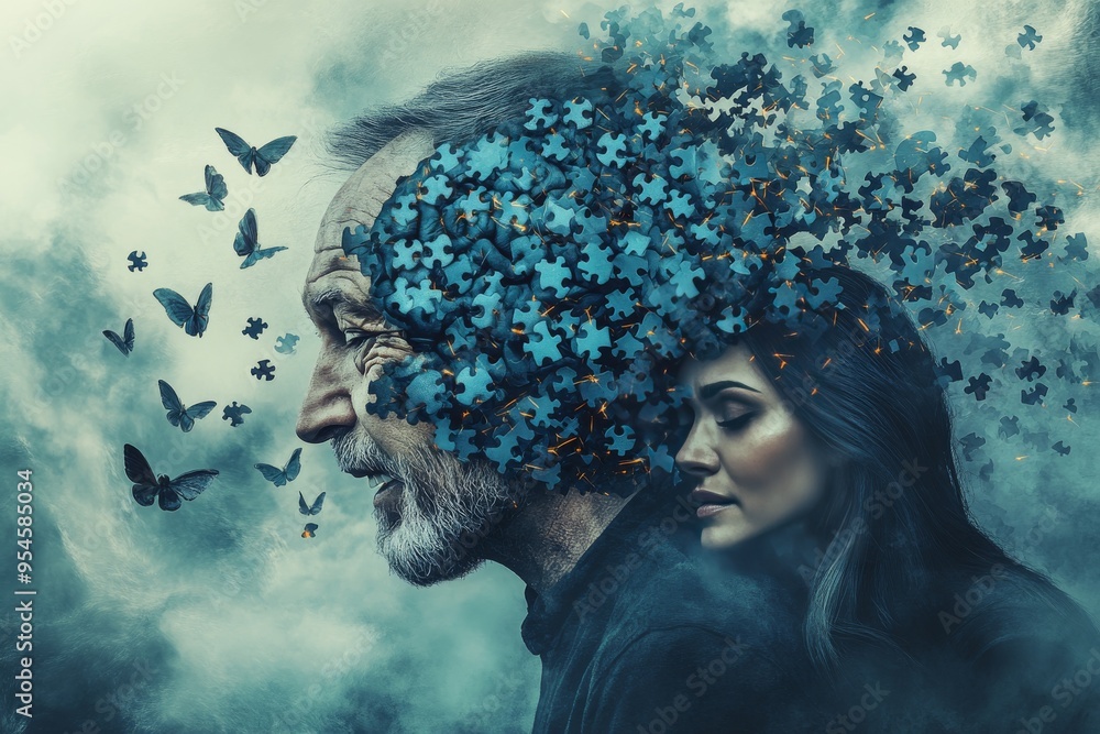 Aufkleber mind exploration relationship goal a woman with a dissolving face symbolizing the fragility of memor
