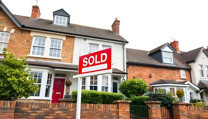 Estate agent property sales.  Sold sign on UK house isolated on a white background