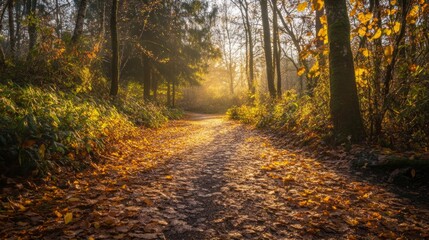Obraz premium Golden Leaf Trail, a serene woodland path blanketed in autumn leaves, dappled sunlight gently illuminates the surroundings, inviting tranquility and reflection.