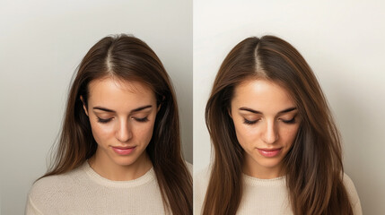 Before and after female hair transplantation show successful treatment. Significant hair density restoration and scalp rejuvenation post surgery. Hair loss treatment, hair transplantation, collage.