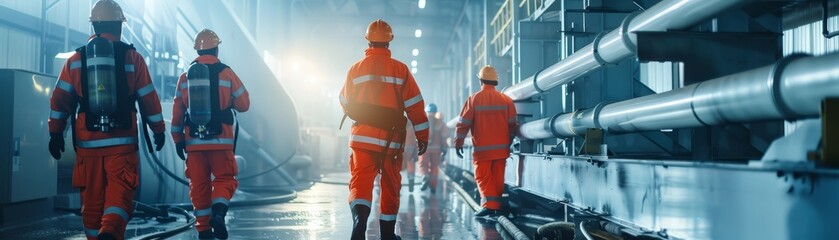 Fototapeta premium Industrial Workers Walking Through Pipes and Machinery