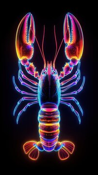 recommend clip art: A vivid neon illustration of a lobster with glowing outlines in red, blue, and pink on a black background, showcasing a bold seafood design.
                    