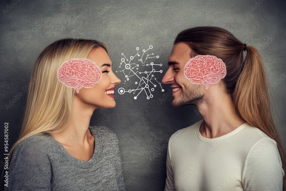 Poster neurocognition tender moment a couple facing each other with brain puzzle pieces representing the pl