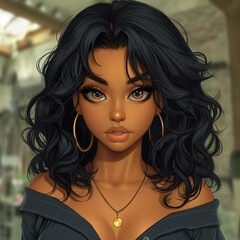 Brown Woman with Dark Curly Hair and Large Brown Eyes, Cartoon Illustration