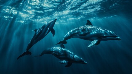 Fototapeta premium Dolphins and Whales in Harmony, a tranquil ocean scene showcasing dolphins swimming gracefully alongside majestic whales, highlighting vibrant ecosystems and biodiversity's significance.