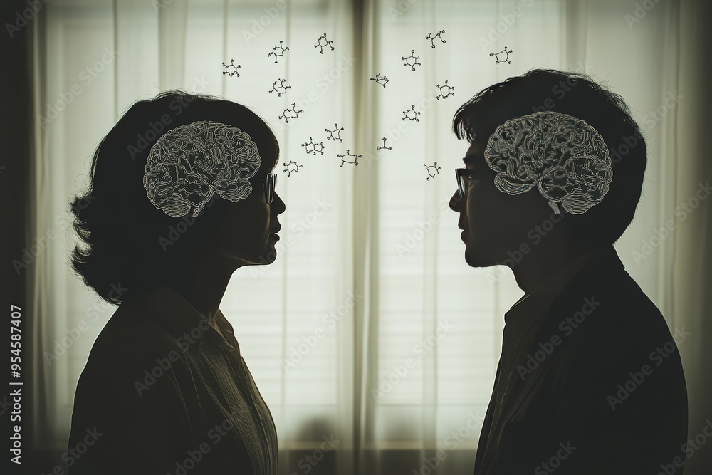 Poster cognitive skills tender moment silhouettes of a man and woman with floating brain images symbolizing