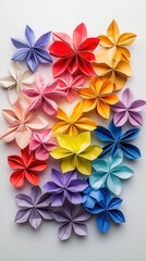 Obraz premium An intricate collection of vibrant origami flowers, showcasing various colors and designs, elegantly arranged for artistic effect