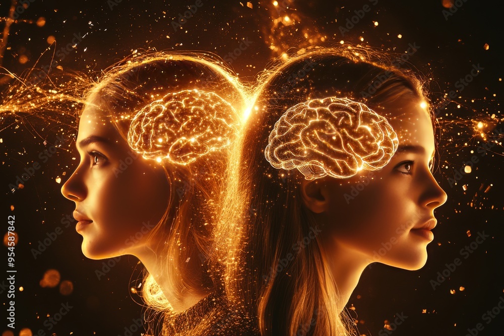 Poster mind balance tender moment a couple with glowing brains facing each other symbolizing the depth of i