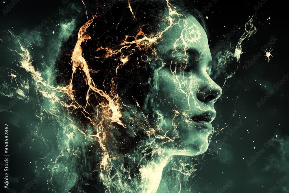 Aufkleber brain health tips tender moment woman’s face dissolving into digital particles representing the tran