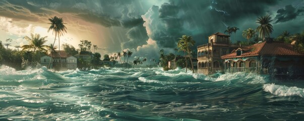 Hurricane approaching coastal resort town, 4K hyperrealistic photo