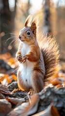 Obraz premium Cute young squirrel in a natural park in warm morning light