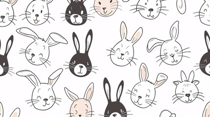 07231249 449. Line hand-drawn seamless pattern of cute rabbit faces on a white background, featuring various bunny expressions, perfect for children's fashion and kawaii design elements
