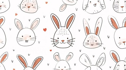 07231249 450. Vector illustration of a seamless pattern with hand-drawn bunny faces, showcasing different cute expressions on a clean white background, ideal for baby clothing and rodent animal
