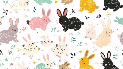 07231249 451. Colorful seamless pattern featuring cartoon bunnies in various playful poses, designed in a flat style, perfect for fabric prints, textile, and gift wrapping paper for kids
