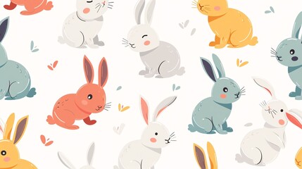 07231249 451. Colorful seamless pattern featuring cartoon bunnies in various playful poses, designed in a flat style, perfect for fabric prints, textile, and gift wrapping paper for kids
