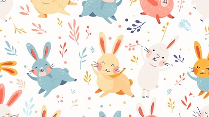 07231249 451. Colorful seamless pattern featuring cartoon bunnies in various playful poses, designed in a flat style, perfect for fabric prints, textile, and gift wrapping paper for kids