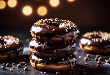 Freshly made chocolate donuts with a rich glaze and creamy filling sit on parchment paper. They are presented on table, showcasing their delectable appearance. Cocoa brown glaze on buns. Generative AI