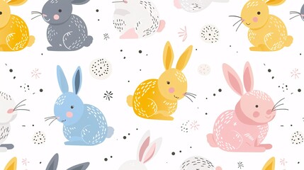 07231249 452. Adorable seamless pattern with cartoon bunnies, illustrated in a vibrant and flat style, suitable for children's fabric prints and gift wrapping paper