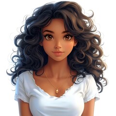Fototapeta premium Cartoon Woman with Big Curly Hair Wearing White T-shirt, Character Illustration