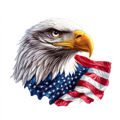 Bald eagle with American flag illustration, Powerful illustration of a bald eagle with the American flag, symbolizing patriotism, strength, and freedom in a bold and iconic design.

