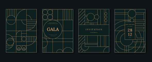 Fototapeta premium Luxury invitation card background vector. Elegant classic antique design, gold lines gradient on dark green background. Premium design illustration for gala card, grand opening, art deco, wedding.