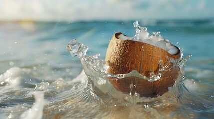 Coconut within an ice cube drink on the shore