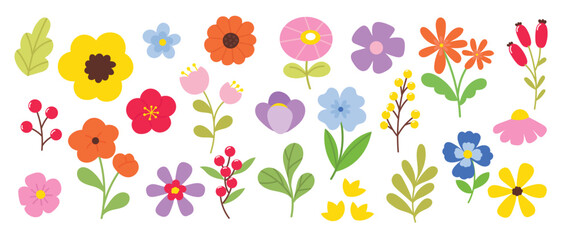 Collection of spring colorful flower elements vector. Set floral of wildflower, leaf branch, foliage on white background. Hand drawn blossom illustration for decor, easter, thanksgiving, clipart.