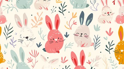 Obraz premium 07231249 454. Playful seamless pattern with cartoon bunnies, featuring a colorful and flat style design, perfect for fabric prints and wrapping paper for children