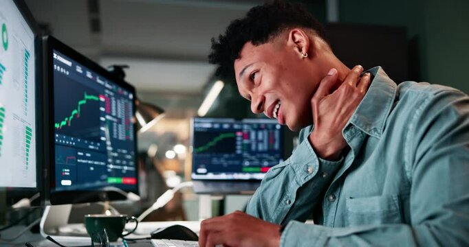 Office, night and businessman with neck pain for bad posture, burnout and overtime at trading company. Business, investor and computer with graphs for cryptocurrency, investment and workplace injury