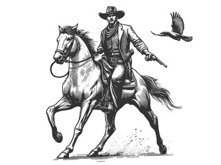 cowboy riding horse, with pistol, capturing the spirit of the Wild West sketch engraving generative ai fictional character raster illustration. Scratch board imitation. Black and white image.