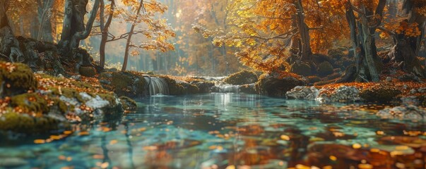 Autumn forest with a crystal-clear stream, 4K hyperrealistic photo