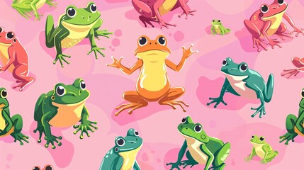 Naklejka premium 07231249 456. Seamless pattern featuring cute cartoon frogs in various playful poses, designed in a vibrant and whimsical style, perfect for kids' wallpaper and gift wrap paper