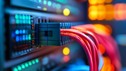 Naklejka premium A network panel and switch with colorful cables in a data center, highlighting the vibrant connectivity infrastructure. 