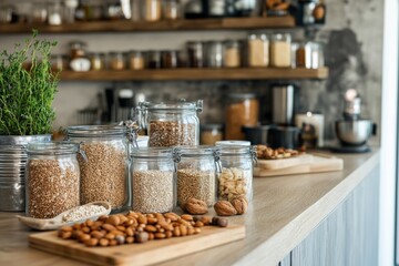 Fototapeta premium A beautifully arranged kitchen scene showcasing jars of grains, nuts, and seeds on a wooden countertop. Natural lighting enhances the cozy and rustic feel. Generative AI