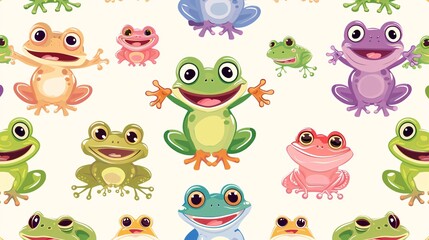Obraz premium 07231249 458. Cute cartoon frogs in a seamless pattern, designed with bright colors and charming expressions, suitable for kids' wallpaper and gift wrap paper