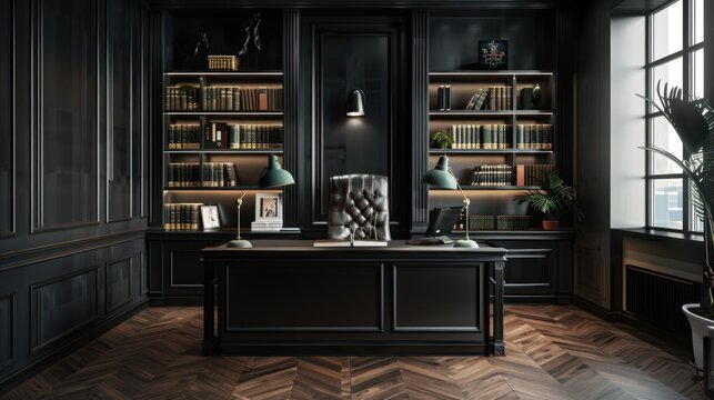 Dark and Moody Interiors: A home office with walls clad in black wooden panels. A leather-clad desk stands against a backdrop of floor-to-ceiling bookshelves