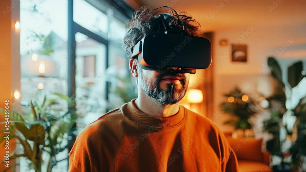 Poster exploring virtual reality technology with immersive headset in a modern workspace setting during eve