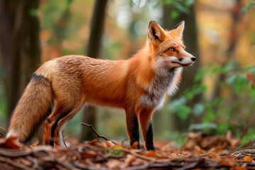 red wild fox in the forest in autumn