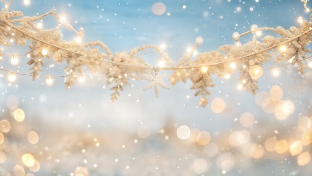 Winter nativity scene with garland of lights and hoarfrost covered branches against blue sky background for Christmas decorations and winter theme.