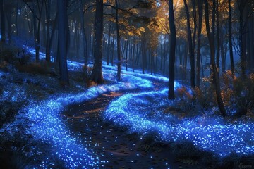Naklejka premium A magical forest illuminated by bioluminescent plants, creating a sustainable light source.