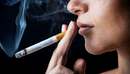 Smoking a cigarette closeup, nicotine addiction