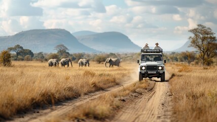A classic safari vehicle on a thrilling wildlife adventure in the African savanna.
