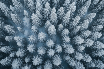 Snow covered Pine forest. Aerial top view of pine trees in winter.