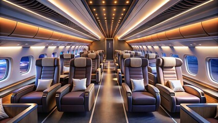 Naklejka premium * Luxurious travel awaits in modern airplane cabins, featuring plush seats, ample aisles, and soothing ambient lighting