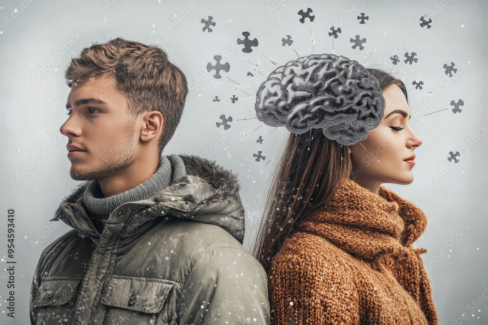 Poster brain health tips heartwarming young couple standing side by side with visible brain patterns signif