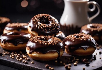 Freshly made chocolate donuts with a rich glaze and creamy filling sit on parchment paper. They are presented on table, showcasing their delectable appearance. Cocoa brown glaze on buns. Generative AI