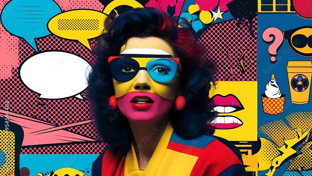 Poster vibrant pop art background with high-contrast colors, bold halftone patterns, and iconic elements li