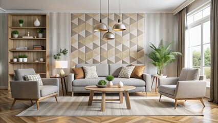 Fototapeta premium Modern minimalism is achieved by combining chic furniture pieces with bold geometric patterns and a soothing color